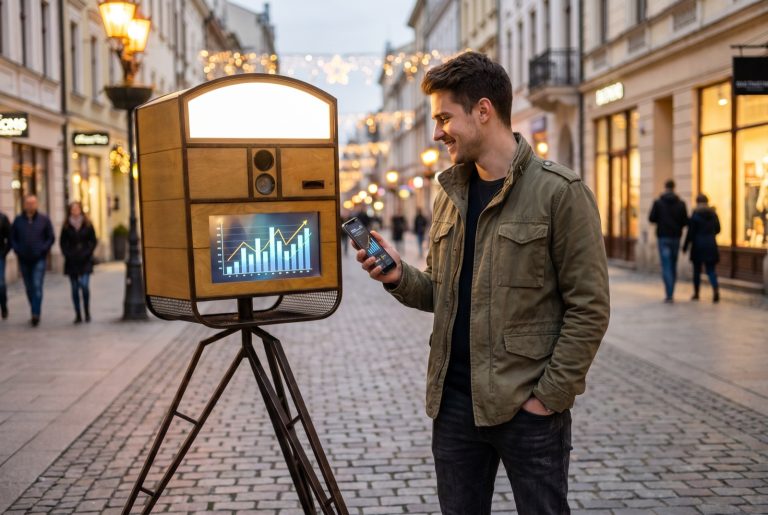 Власник перевіряє виручку вуличної фотокабіни зі смартфона